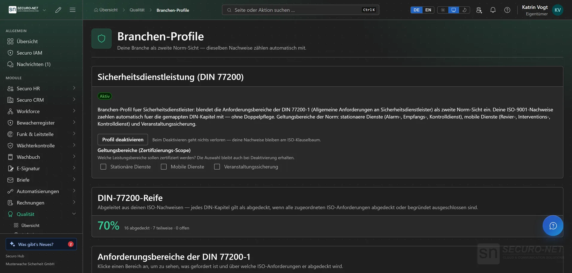 Seite „Branchen-Profile“ mit aktivem Profil Sicherheitsdienstleistung (DIN 77200) und dessen Reifegrad.
