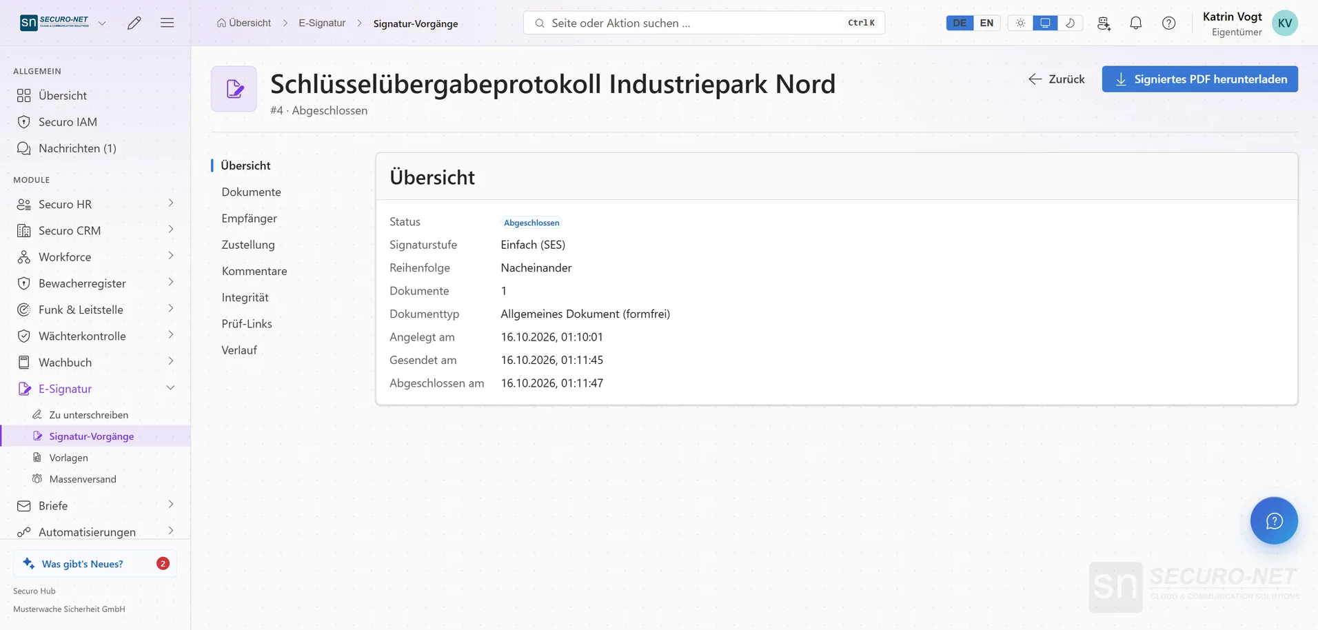 Abgeschlossener Vorgang „Schlüsselübergabeprotokoll Industriepark Nord“ mit Übersicht, Signaturstufe und Abschlussdatum.