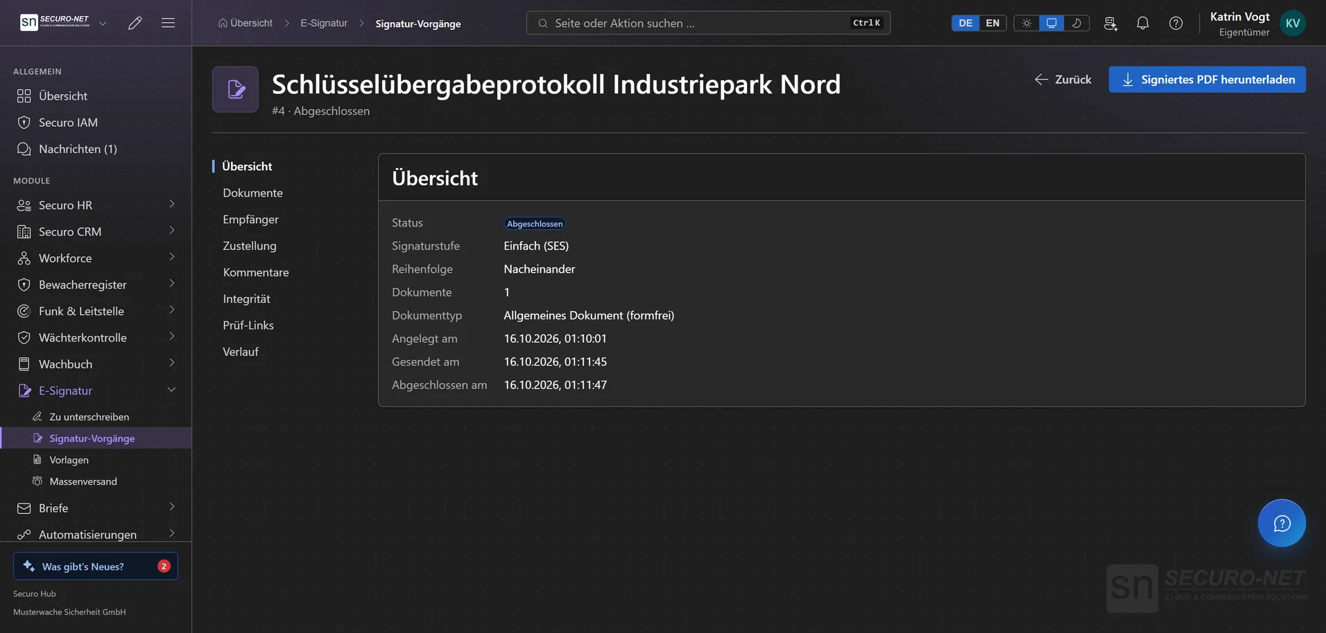 Abgeschlossener Vorgang „Schlüsselübergabeprotokoll Industriepark Nord“ mit Übersicht, Signaturstufe und Abschlussdatum.