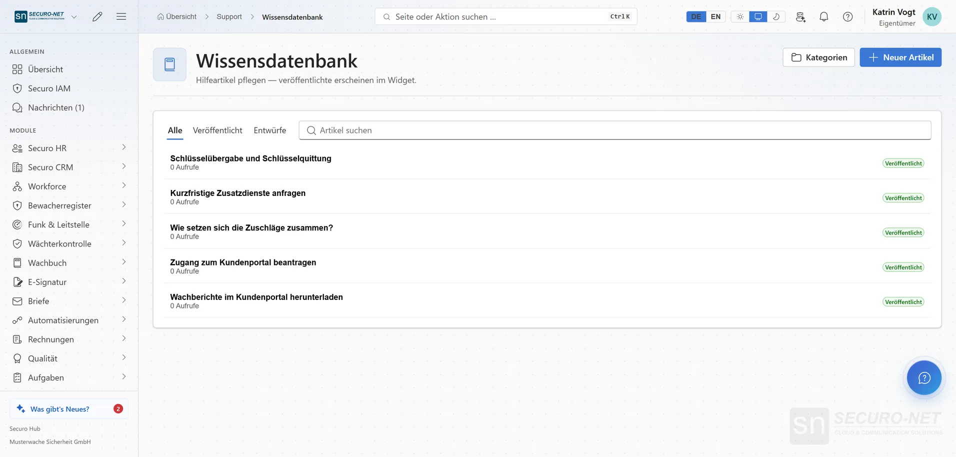 Wissensdatenbank mit veröffentlichten Artikeln zu Kundenportal, Rechnungen und Einsätzen.