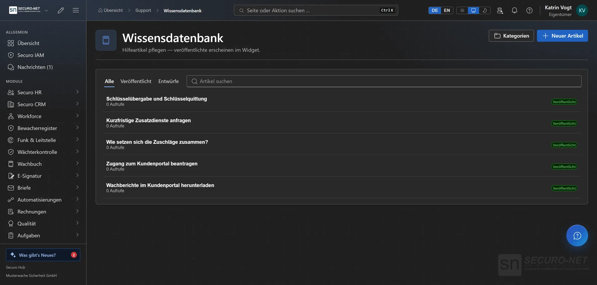 Wissensdatenbank mit veröffentlichten Artikeln zu Kundenportal, Rechnungen und Einsätzen.