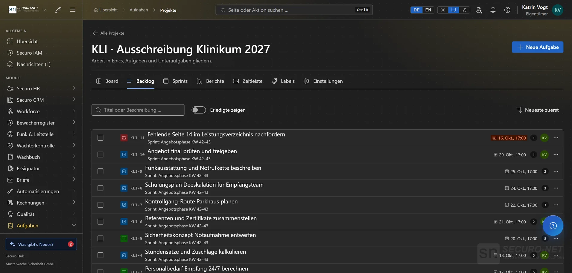 Backlog des Projekts mit Ticket-Schlüsseln, Sprint-Zuordnung, Fälligkeiten und Avataren der Zuständigen.