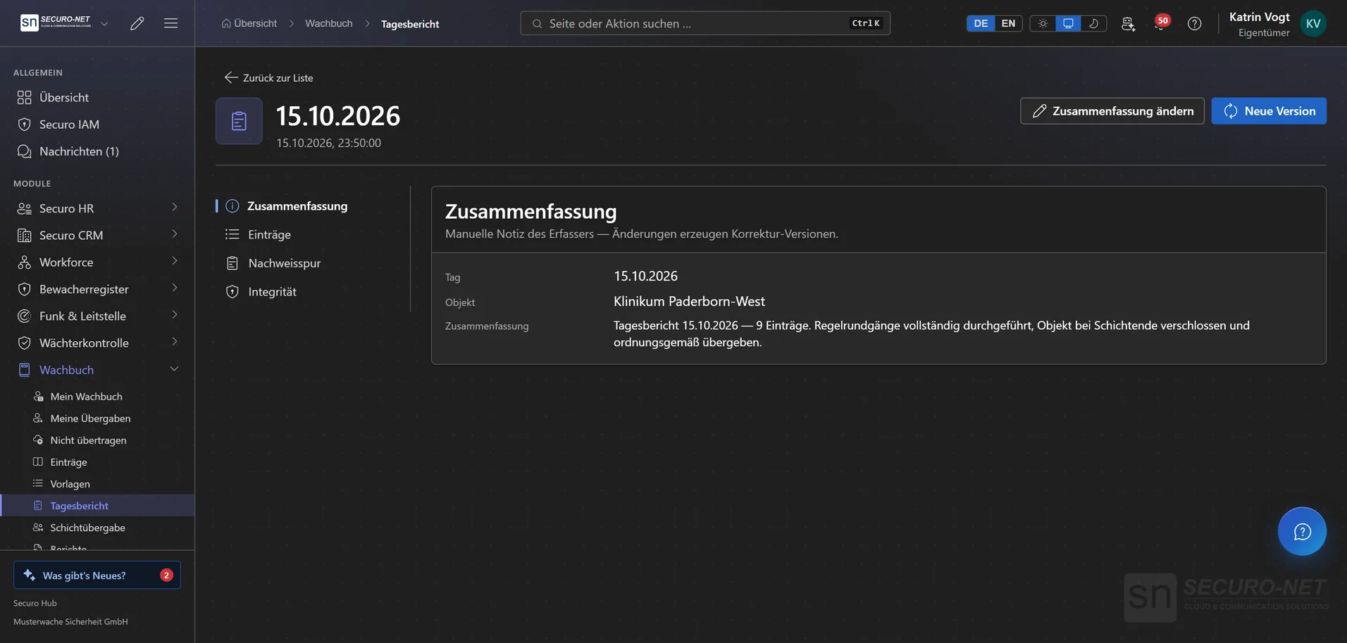 Tagesbericht vom 15.10.2026 mit Zusammenfassung, Objekt Klinikum Paderborn-West und den Reitern Einträge, Nachweisspur und Integrität.