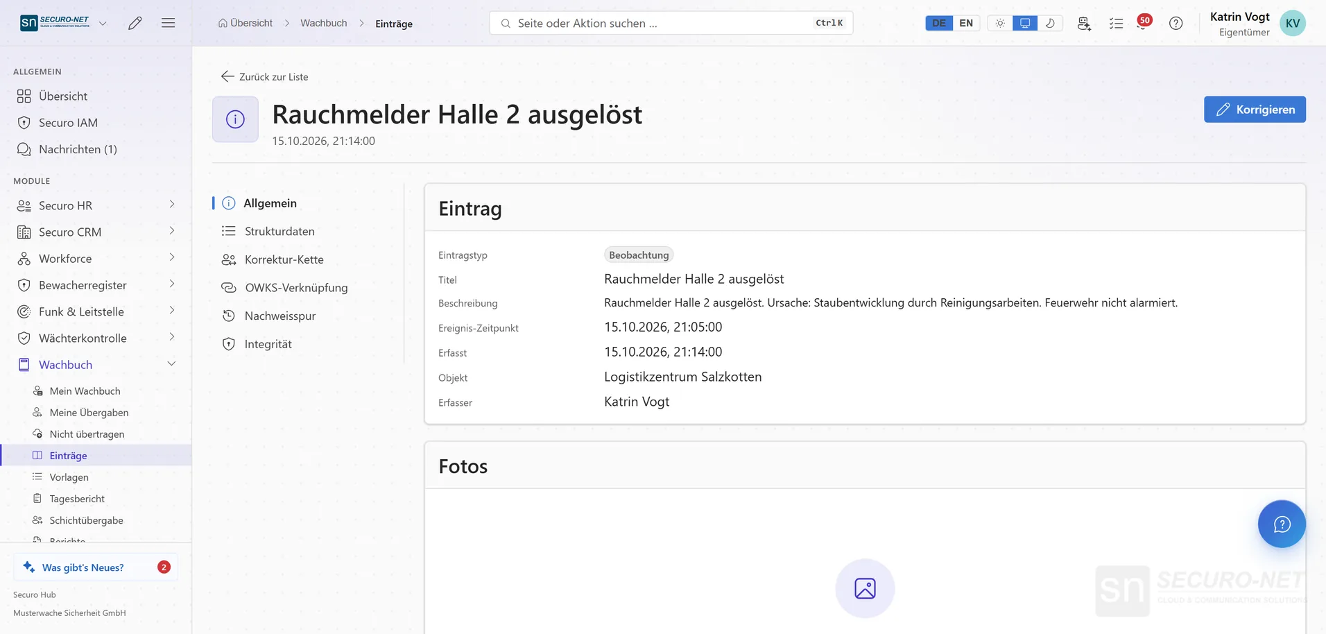 Detailansicht des Wachbuch-Eintrags „Rauchmelder Halle 2 ausgelöst“ mit Eintragstyp, Text, Zeitpunkt, Objekt und Verfasser, links die Reiter des Eintrags.