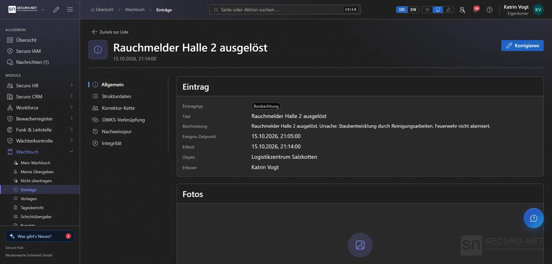 Detailansicht des Wachbuch-Eintrags „Rauchmelder Halle 2 ausgelöst“ mit Eintragstyp, Text, Zeitpunkt, Objekt und Verfasser, links die Reiter des Eintrags.