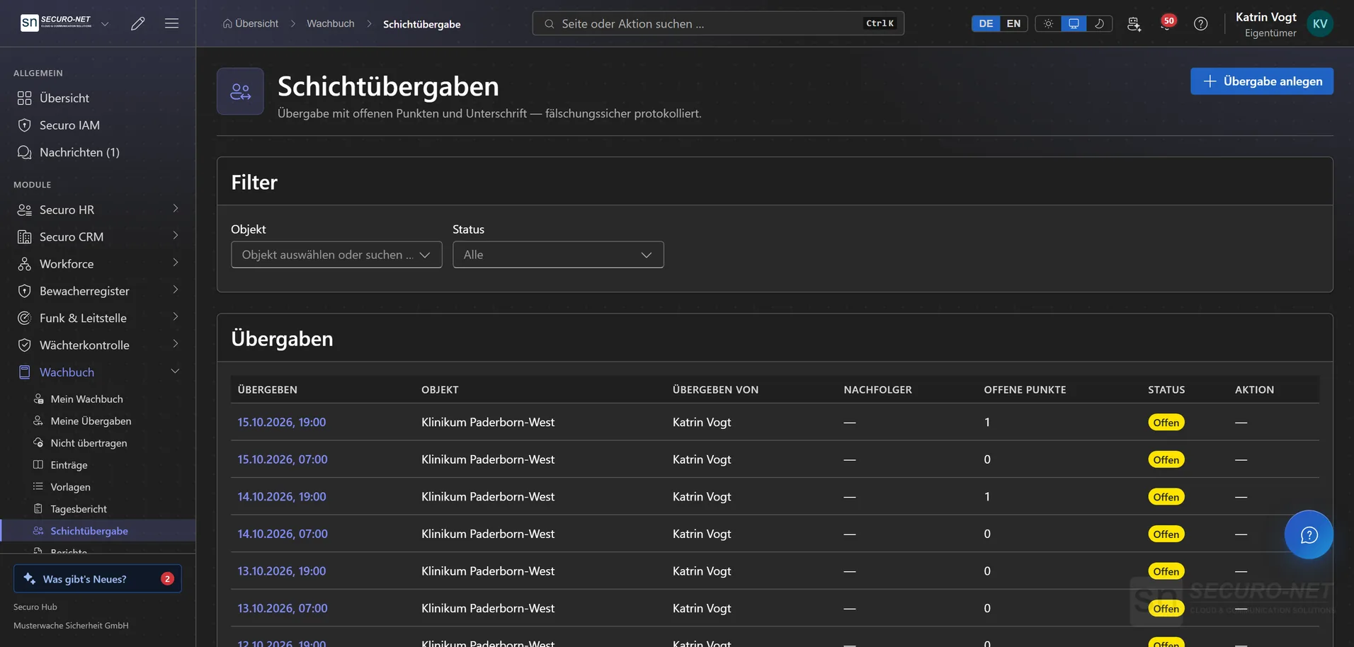 Liste der Schichtübergaben mit Zeitpunkt, Objekt, Übergebendem, Nachfolger, Anzahl offener Punkte und Status.