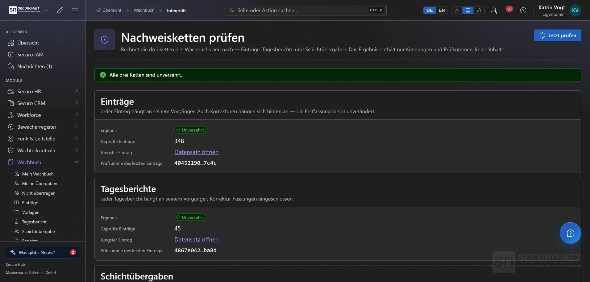 Seite „Nachweisketten prüfen“ mit grüner Meldung, dass alle Ketten unverändert sind, und Prüfergebnissen für Einträge und Tagesberichte mit Anzahl und Prüfsumme.