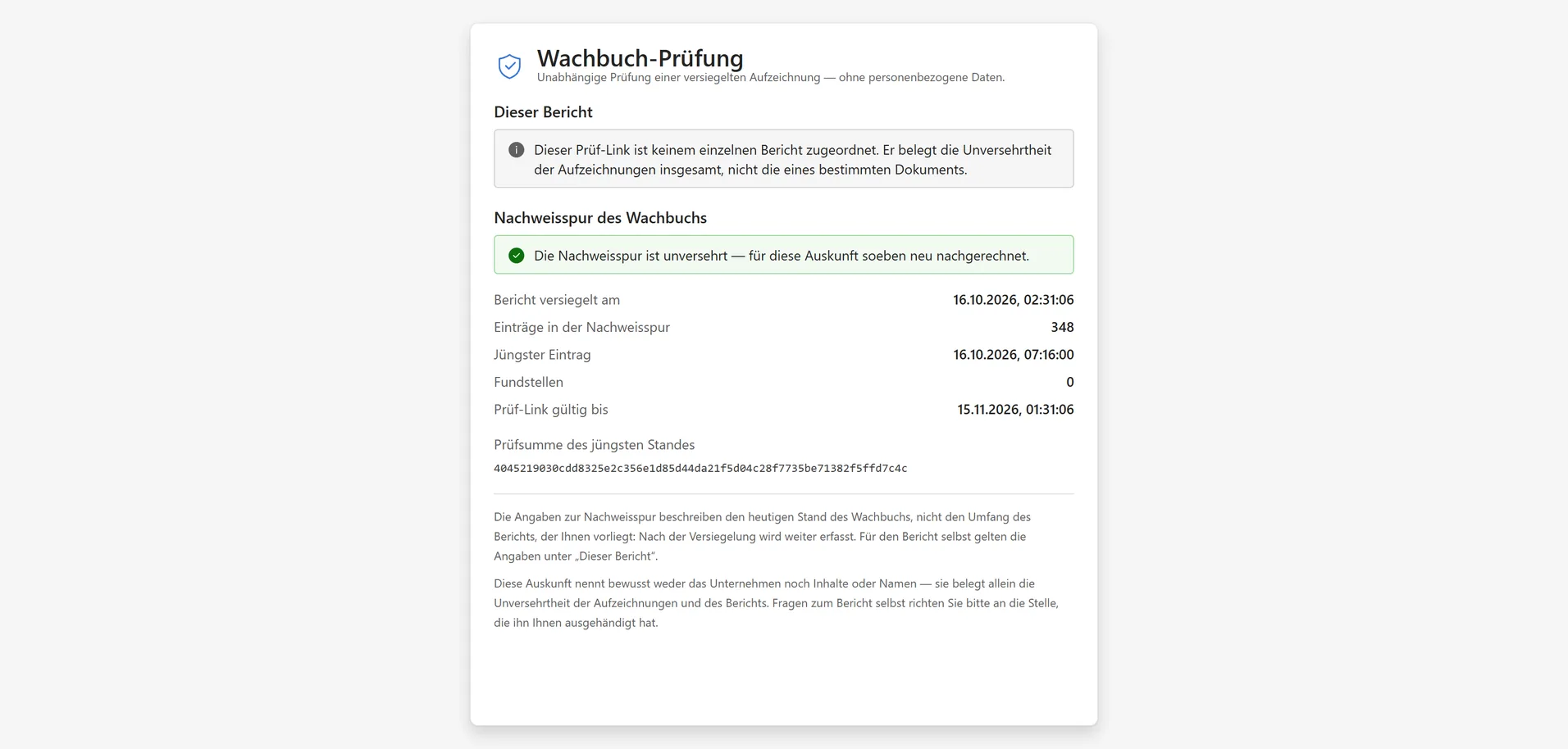 Öffentliche Seite „Wachbuch-Prüfung“ mit dem Ergebnis, dass die Nachweisspur unverändert ist, und Angaben zu geprüften Einträgen und Prüfsumme.