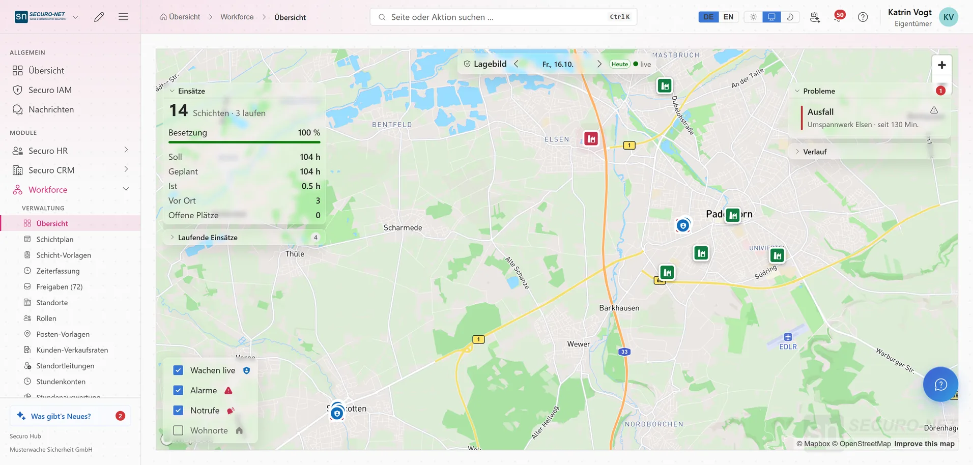 Lagebild in der Nacht: Karte von Paderborn mit Objekt-Markern und Positionen der Wachpersonen, links Kennzahlen zu 14 Schichten und Besetzung, rechts ein gemeldeter Ausfall am Umspannwerk Elsen.