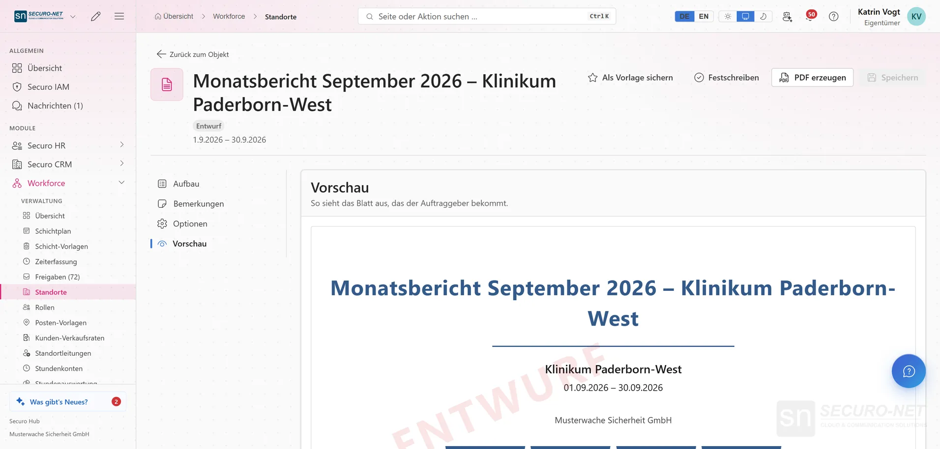 Standortbericht „Monatsbericht September 2026 – Klinikum Paderborn-West“ mit PDF-Vorschau des Deckblatts, Wasserzeichen „Entwurf“, links die Reiter Aufbau, Bemerkungen, Optionen und Vorschau.