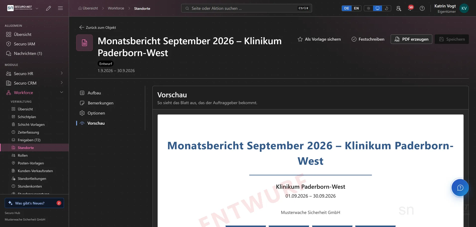 Standortbericht „Monatsbericht September 2026 – Klinikum Paderborn-West“ mit PDF-Vorschau des Deckblatts, Wasserzeichen „Entwurf“, links die Reiter Aufbau, Bemerkungen, Optionen und Vorschau.