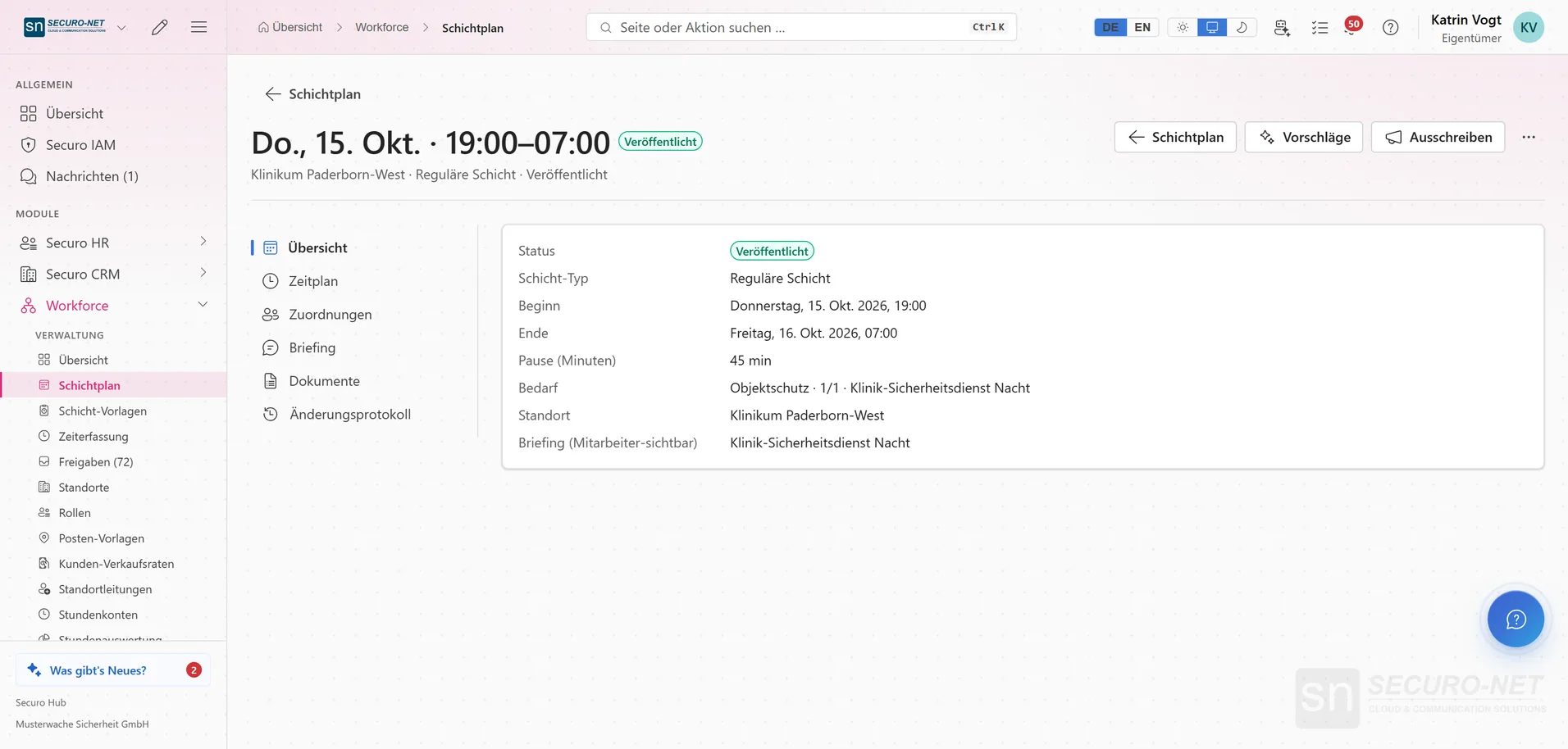 Detailseite der Schicht „Do., 15. Okt. · 19:00–07:00“ am Klinikum Paderborn-West mit Status „Veröffentlicht“, Eckdaten und vertikalen Reitern.