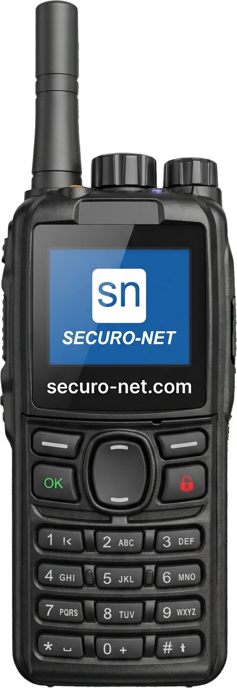 Securo-Funkgerät mit Antenne, Kanal- und Lautstärkeknopf, Farbdisplay und Zifferntastatur.